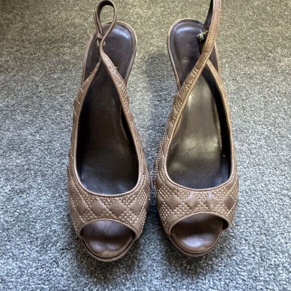 Cole Haan Shoes - Elegant Quilted Taupe Peep-Toe Slingback Heels with Diamond Stitching Pattern